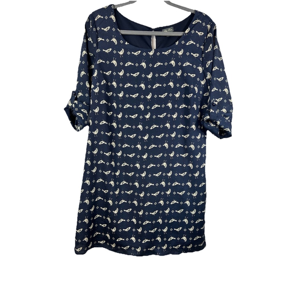 Lily Rose Navy Bird Print Shift Dress Large Roll Tab Sleeve Whimsigoth Novelty